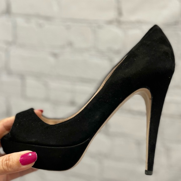 Miu Miu Peep Toe Platform Pumps Women Black Suede Heel Shoes  37.5/US 7 - Picture 2 of 16